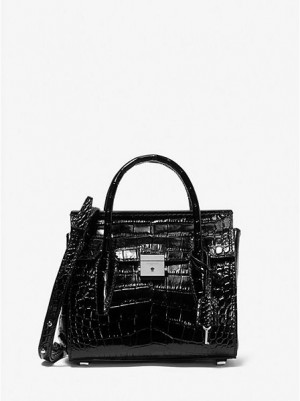 Bolsa Satchel Michael Kors Campbell Mini Crocodile Embossed Couro Pretas | 538714-PHO