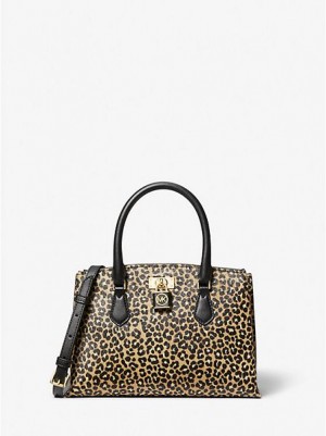 Bolsa Satchel Michael Kors Ruby Small Leopard Print Calf Hair Pretas | 092543-HZP