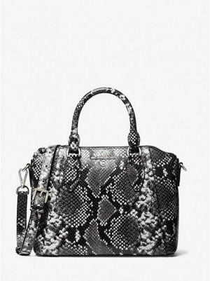 Bolsa Satchel Michael Kors Sienna Medium Python Embossed Couro Pretas Branco | 082561-JCW