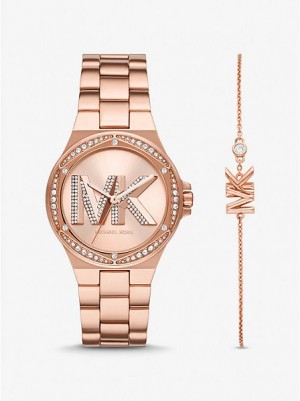 Relógios Michael Kors Lennox Pave Logo Rosa Douradas | 724519-ZKM