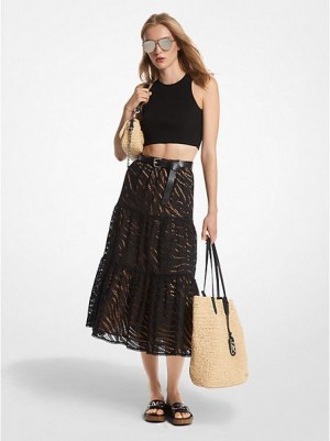 Saias Michael Kors Zebra Eyelet Algodão Tiered Midi Pretas | 674312-WPG