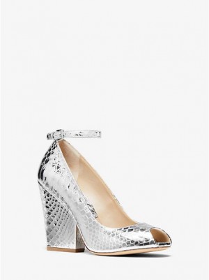 Saltos Michael Kors Julianne Metallic Python-embossed Couro Peep-toe Prateadas | 285173-SGR