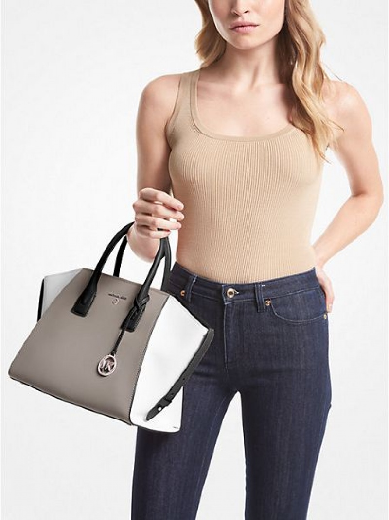 Bolsa Satchel Michael Kors Avril Large Color-block Pebbled Couro Cinzentas Pretas Branco | 846790-IXH