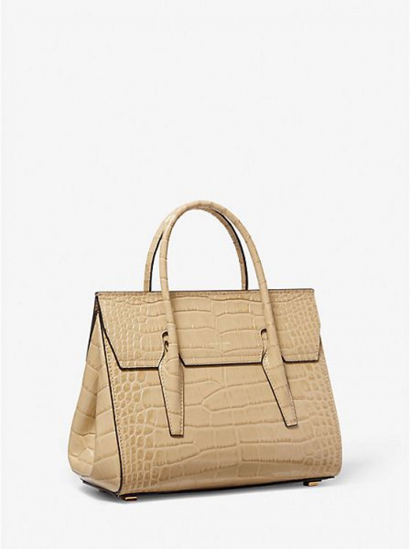 Bolsa Satchel Michael Kors Campbell Medium Crocodile Embossed Couro Caqui | 087914-FND