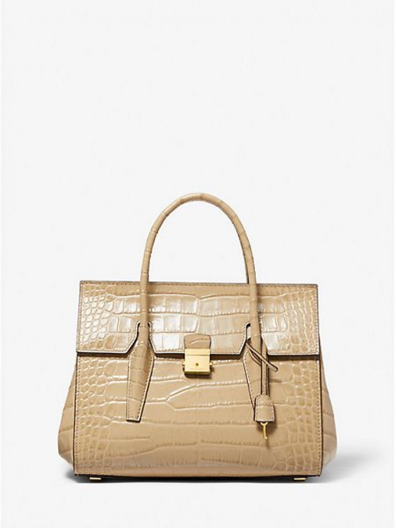 Bolsa Satchel Michael Kors Campbell Medium Crocodile Embossed Couro Caqui | 087914-FND