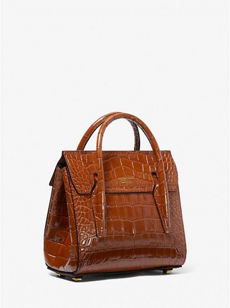 Bolsa Satchel Michael Kors Campbell Mini Crocodile Embossed Couro Marrom | 638510-ZDO