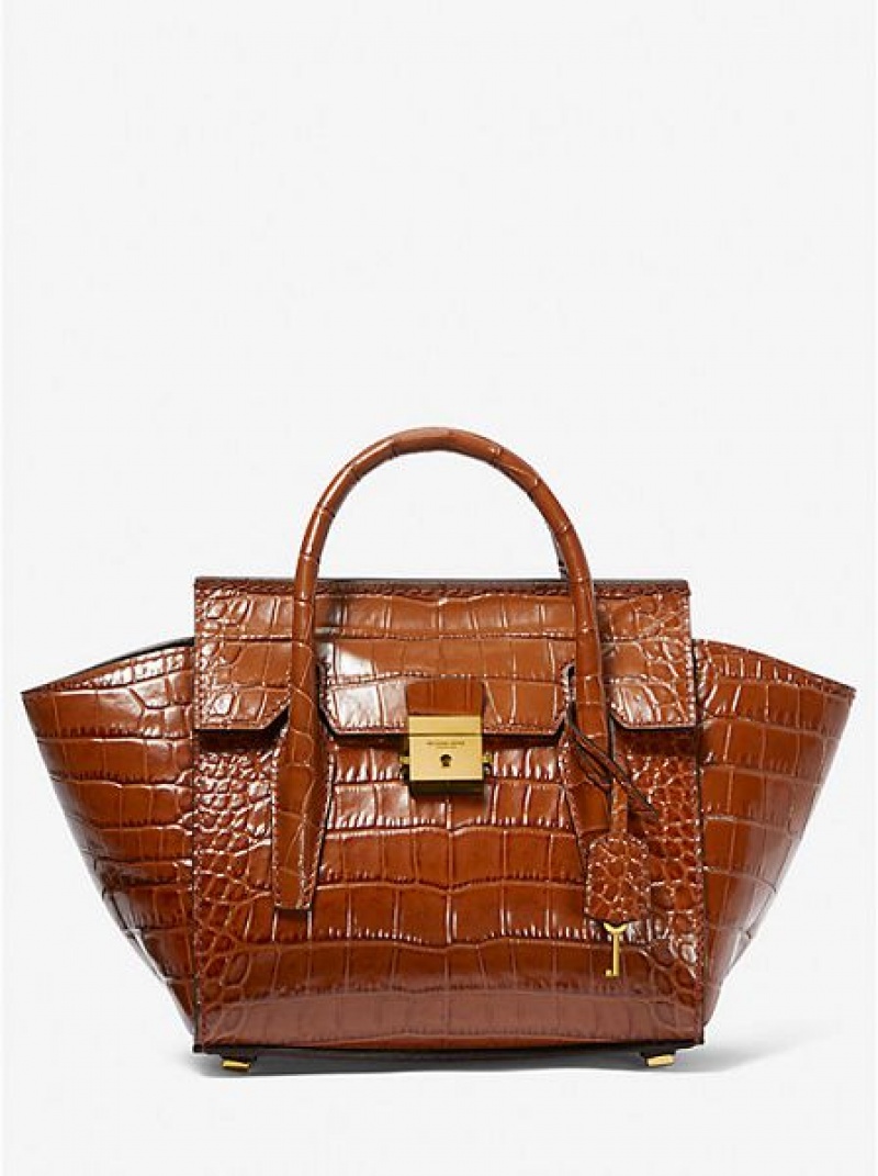 Bolsa Satchel Michael Kors Campbell Mini Crocodile Embossed Couro Marrom | 638510-ZDO