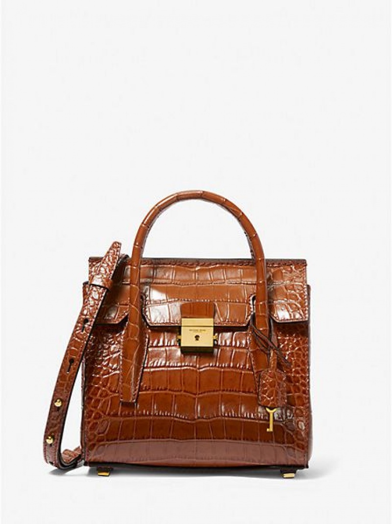 Bolsa Satchel Michael Kors Campbell Mini Crocodile Embossed Couro Marrom | 638510-ZDO