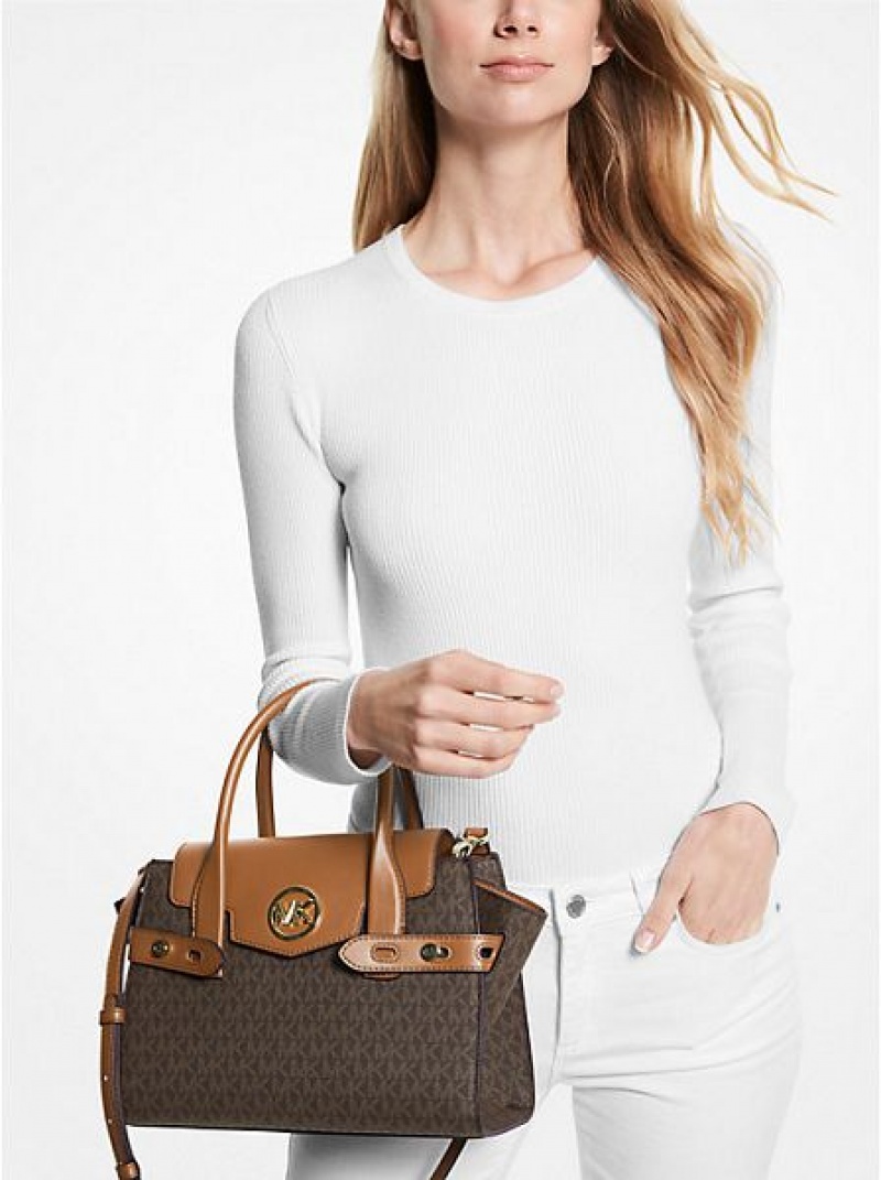 Bolsa Satchel Michael Kors Carmen Medium Logo And Faux Couro Belted Marrom | 827049-XBO