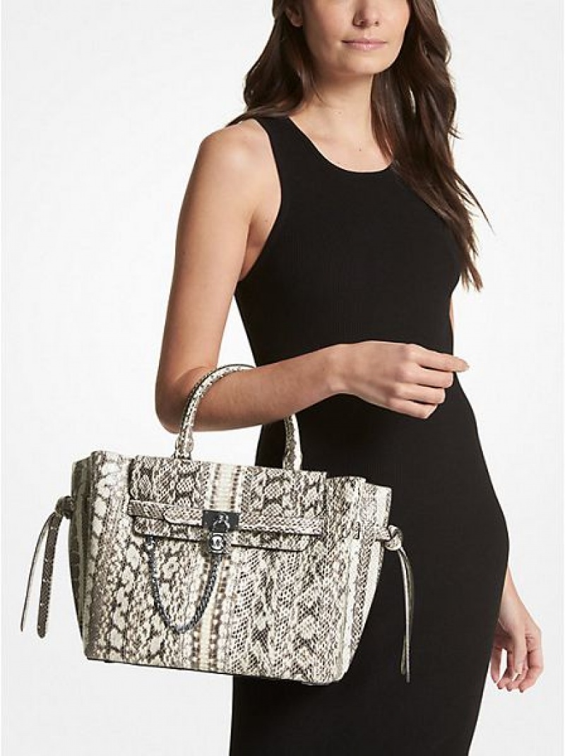 Bolsa Satchel Michael Kors Hamilton Legacy Large Snakeskin Belted Bege | 927541-APQ