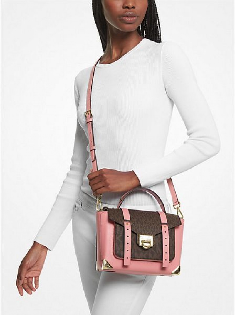 Bolsa Satchel Michael Kors Manhattan Medium Couro And Logo Rosa | 341258-ARH