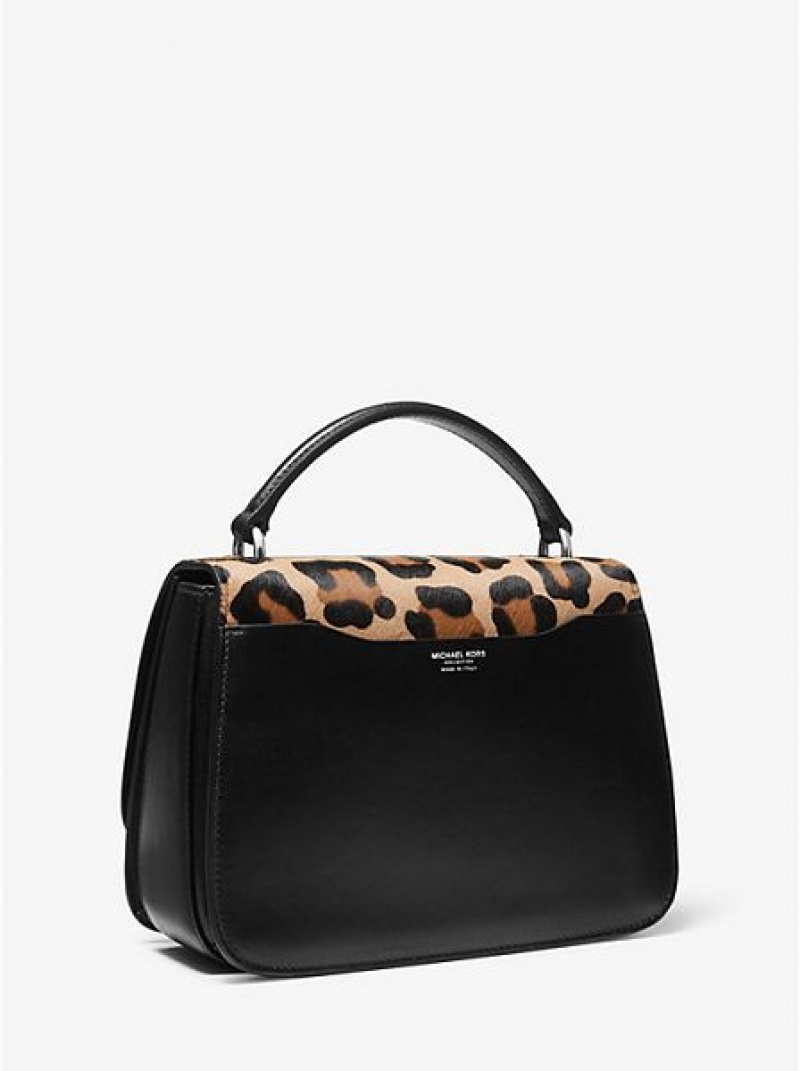 Bolsa Satchel Michael Kors Mia Leopard Calf Hair Shoulder Pretas Marrom | 021658-IAP