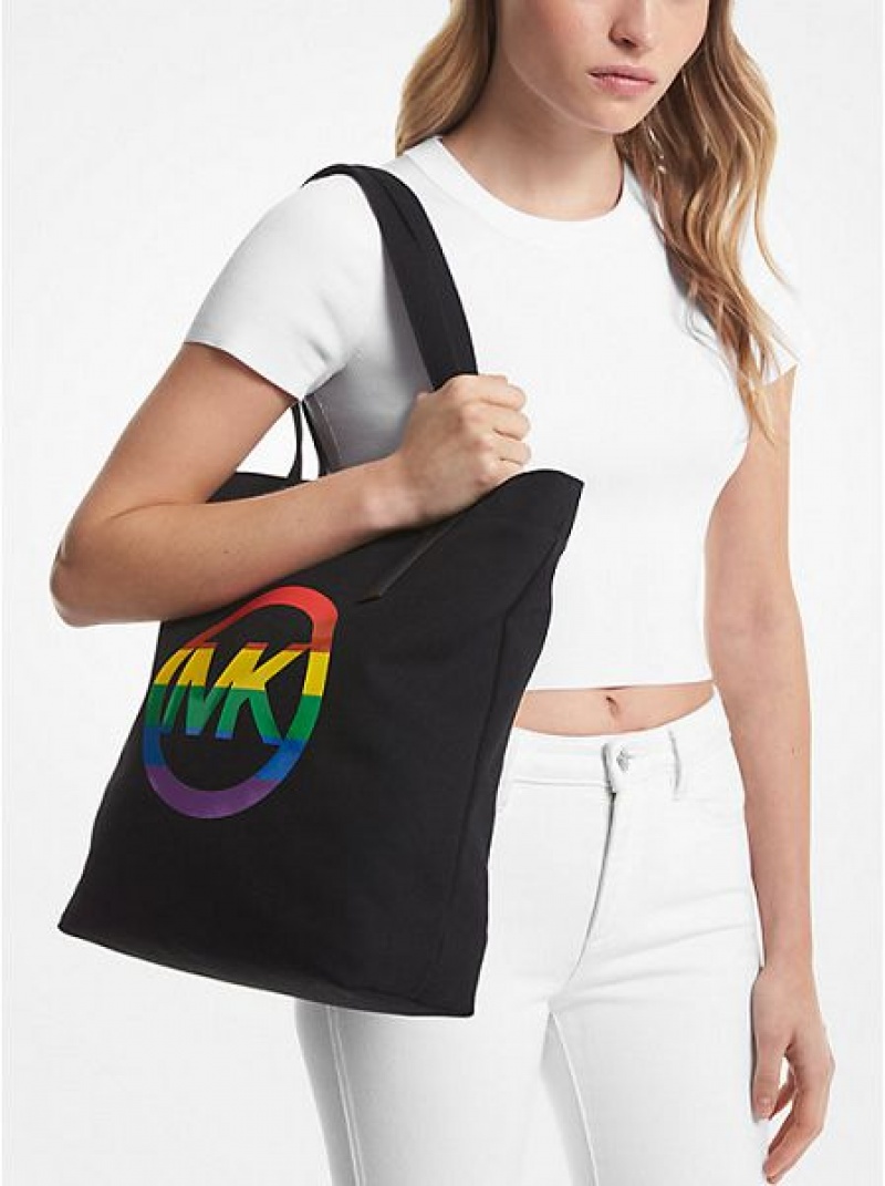 Bolsas Tote Michael Kors Pride Rainbow Logo Algodão Pretas | 984560-OCX