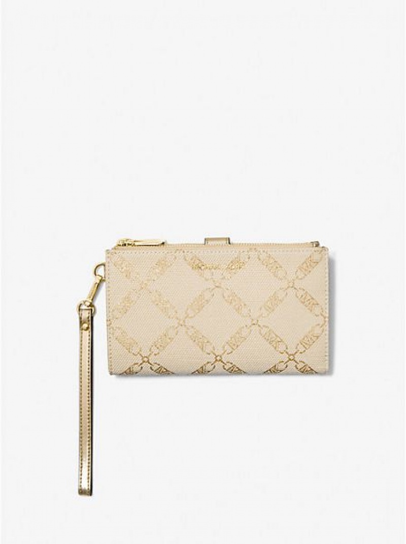 Carteiras Michael Kors Adele Metallic Empire Logo Jacquard Smartphone Douradas Bege | 263075-RDY