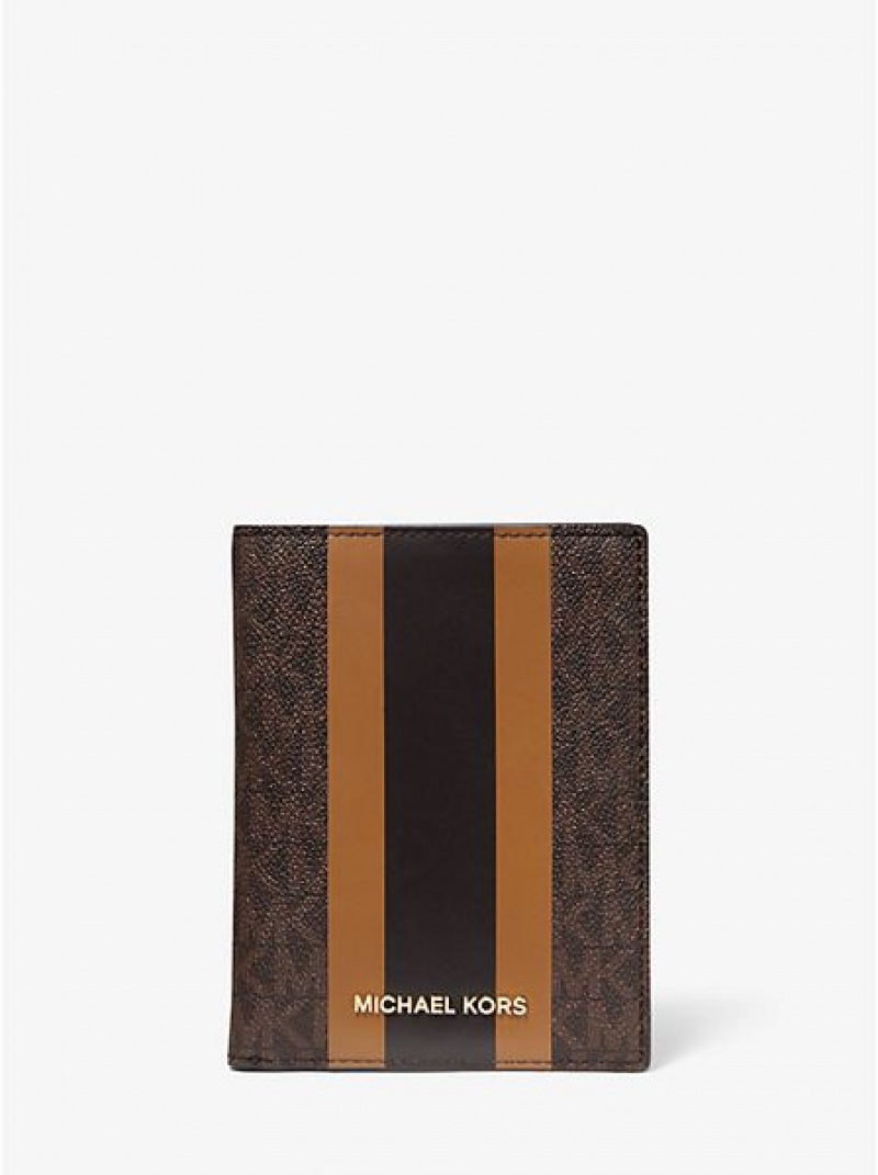 Carteiras Michael Kors Bedford Travel Medium Logo Stripe Passport Marrom | 701935-BPM