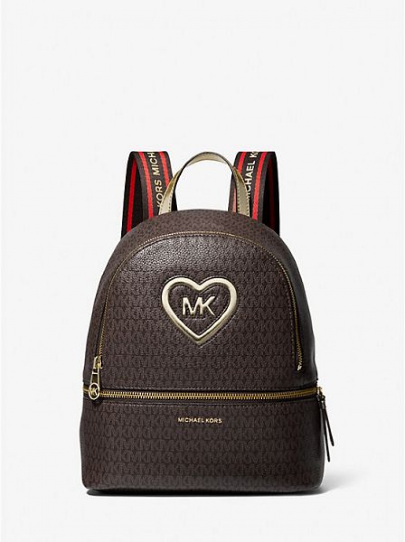 Mochila Michael Kors Logo Heart Coated Lona Criança Chocolate | 580692-TMA