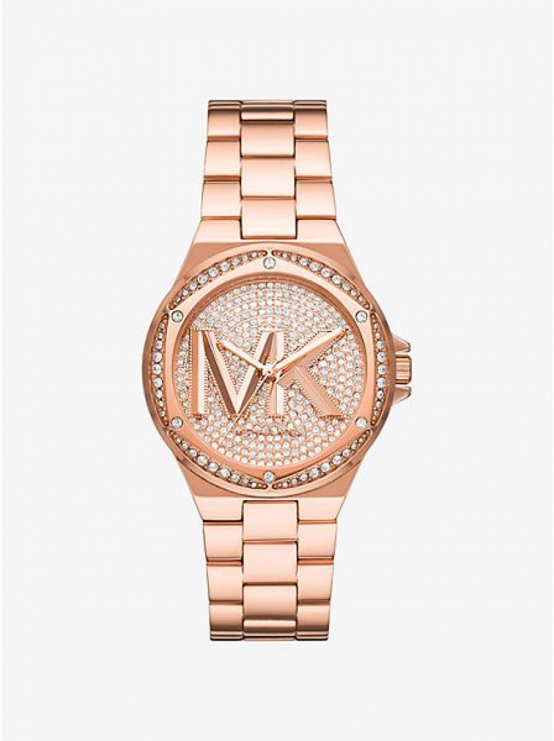 Relógios Michael Kors Lennox Pave Logo Rosa Douradas | 192387-MKN