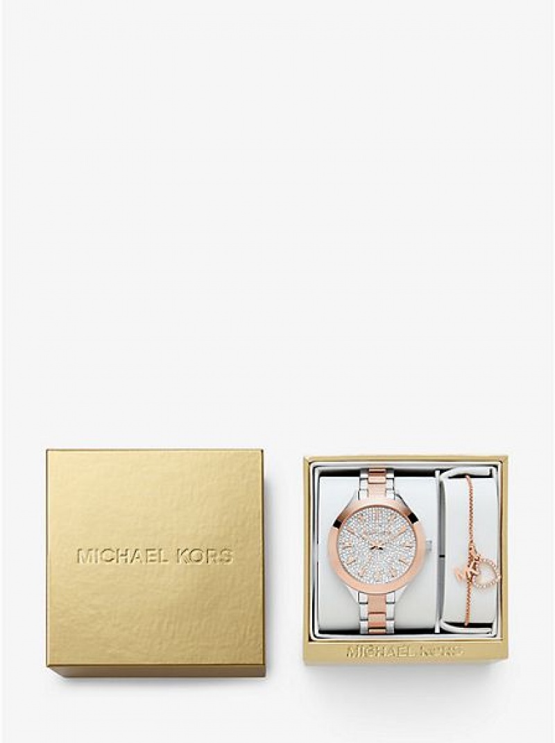 Relógios Michael Kors Pave And Heart Bracelet Set Prateadas Rosa | 943506-BUP