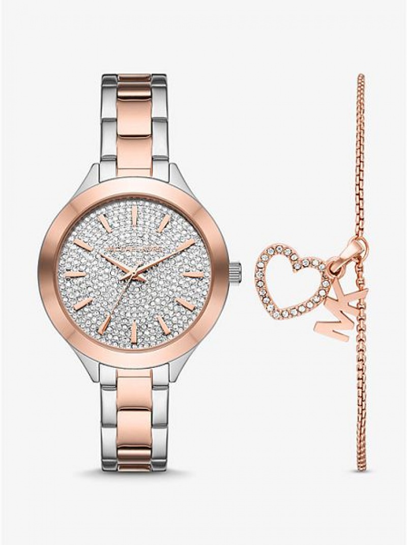 Relógios Michael Kors Pave And Heart Bracelet Set Prateadas Rosa | 943506-BUP