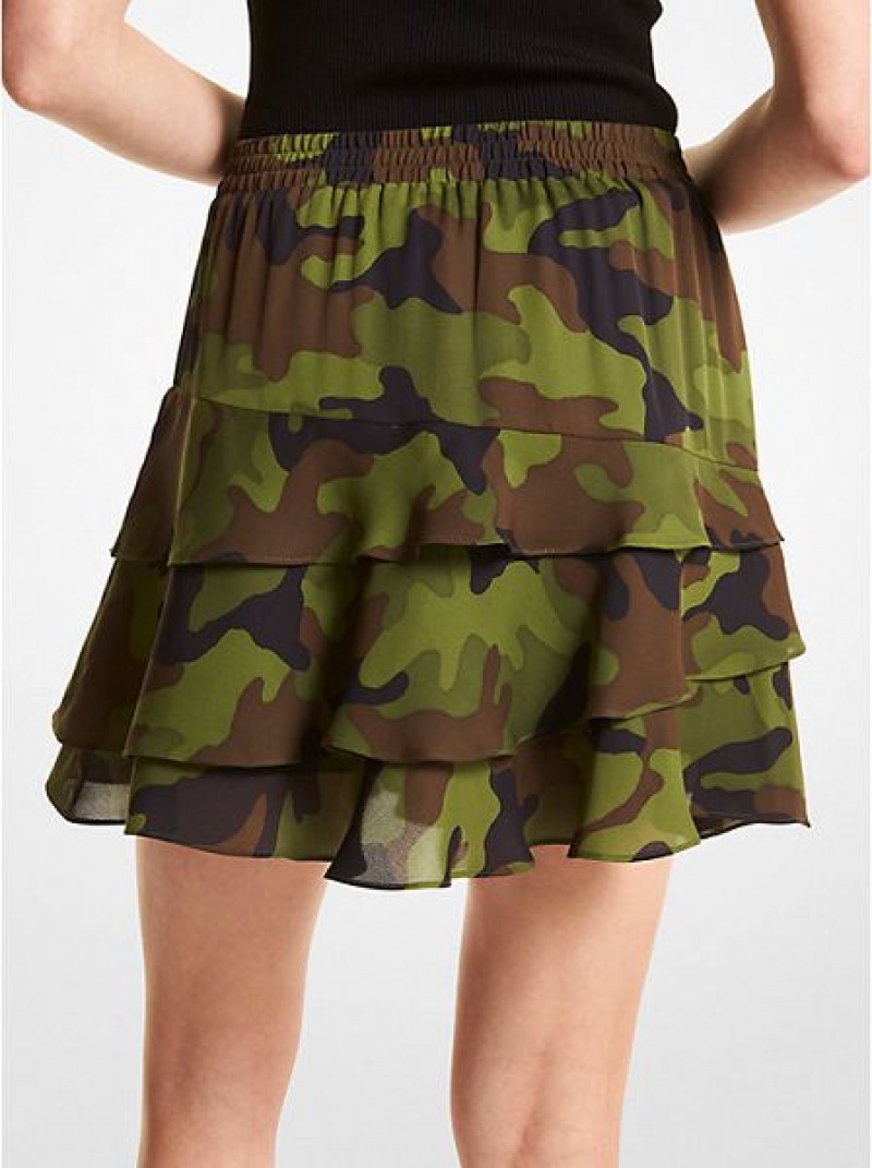 Saias Michael Kors Camouflage Silk Georgette Ruffled Verde Oliva | 352467-XGM