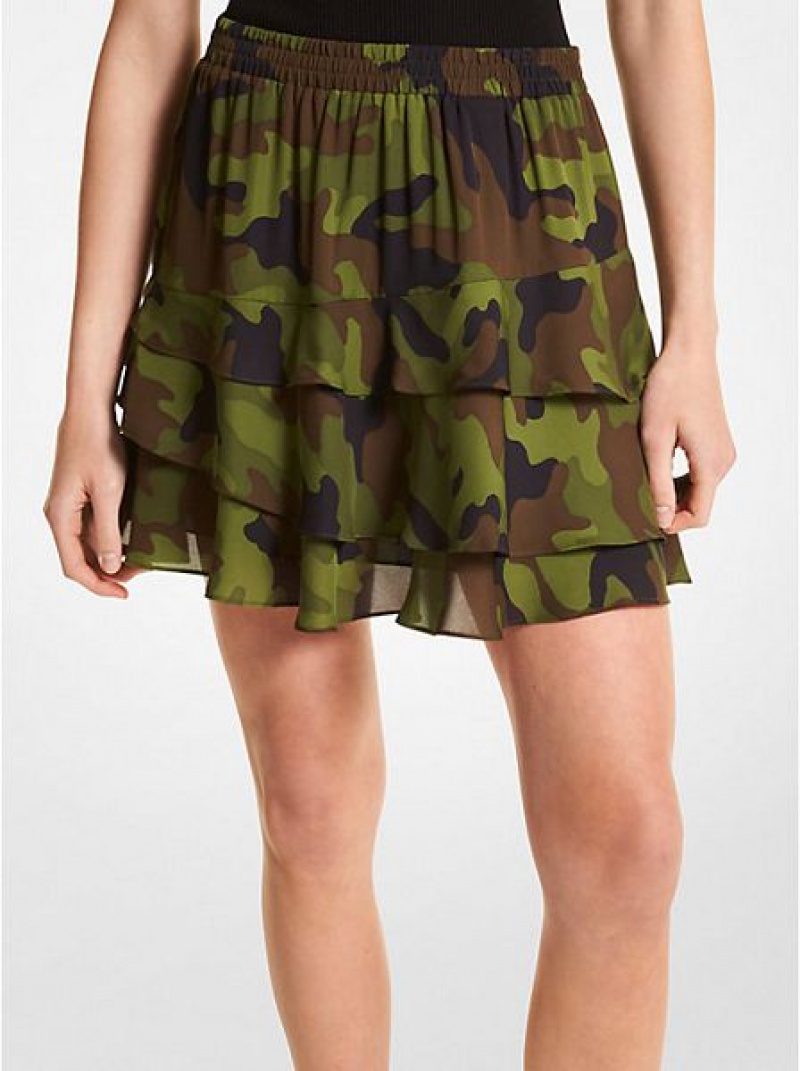 Saias Michael Kors Camouflage Silk Georgette Ruffled Verde Oliva | 352467-XGM