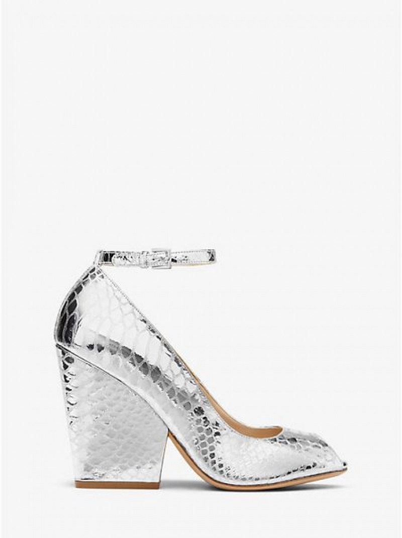 Saltos Michael Kors Julianne Metallic Python-embossed Couro Peep-toe Prateadas | 285173-SGR