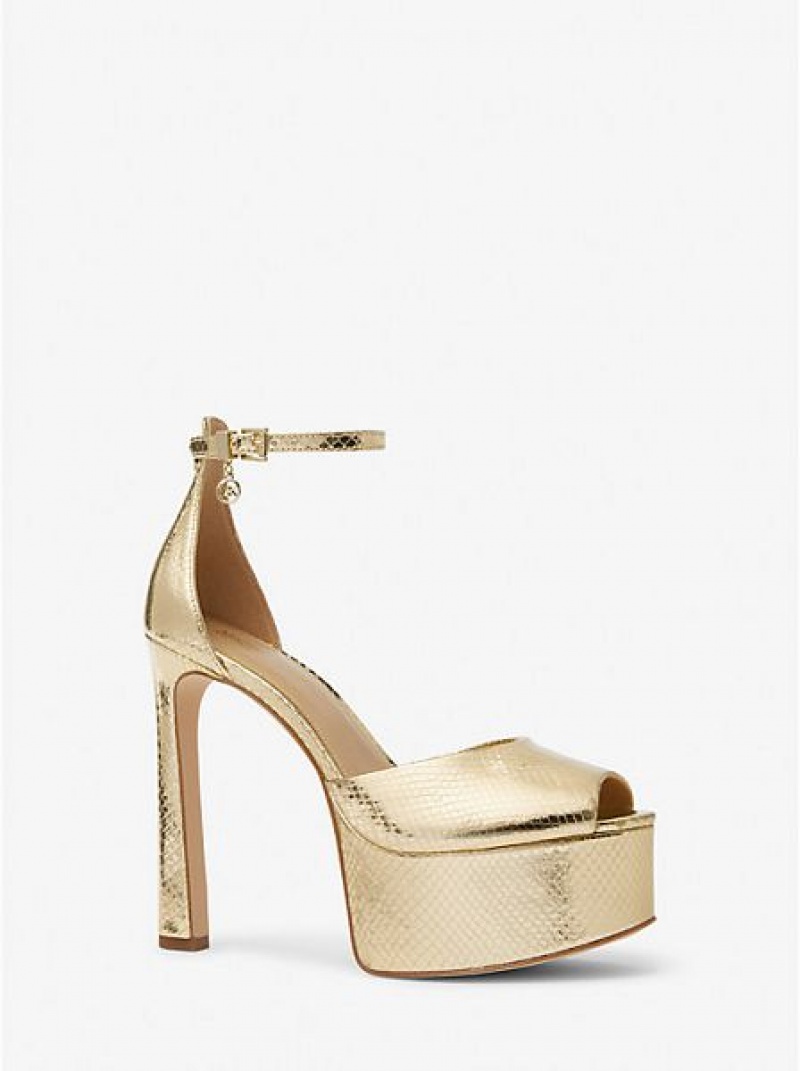 Saltos Michael Kors Martina Metallic Snake Embossed Couro Peep-toe Plataforma Douradas | 560971-BRU